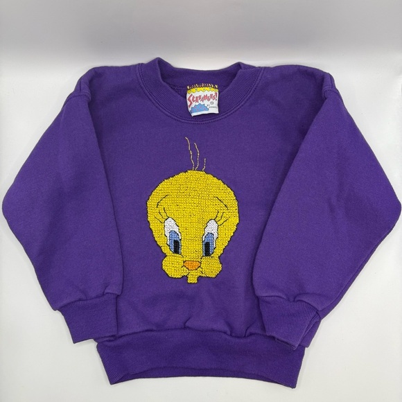 Vtg 90s Kids Screamers By Kleinerts Looney Tunes Tweety Bird Purple Sweatshirt 3 - Picture 1 of 7